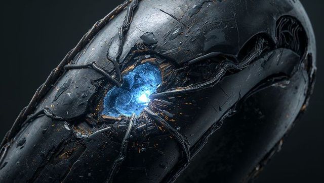 Ruptured biomechanical capsule revealing electric-blue energy core with tendrils and sparks