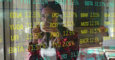 African American Woman Drinking Coffee Surrounded by Stock Market Data - Download Free Stock Images Pikwizard.com