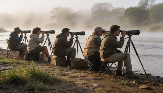 Early morning birdwatching observing wildlife along misty riverside with spotting scopes