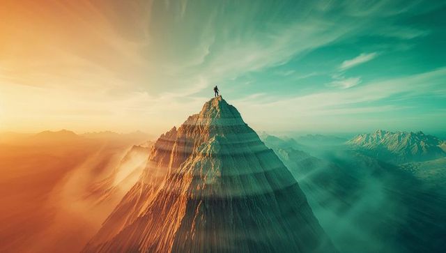 Lone climber reaching alpine summit at sunset