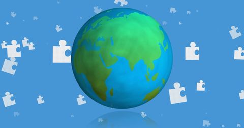 Puzzle Pieces Falling Over Blue and Green Globe on Blue Background - Download Free Stock Images Pikwizard.com