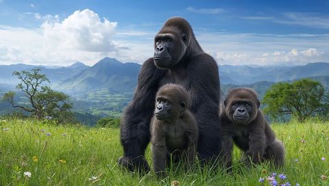 Adult gorilla guarding two juvenile gorillas in wildflower meadow with mountain vista