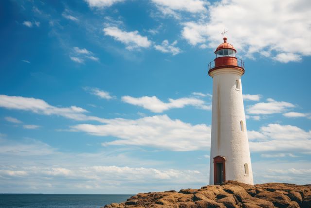 Tall lighthouse standing on rocky shore under clear blue sky with scattered clouds. Useful for travel promotion, nautical themes, coastal guides, or inspirational posters.