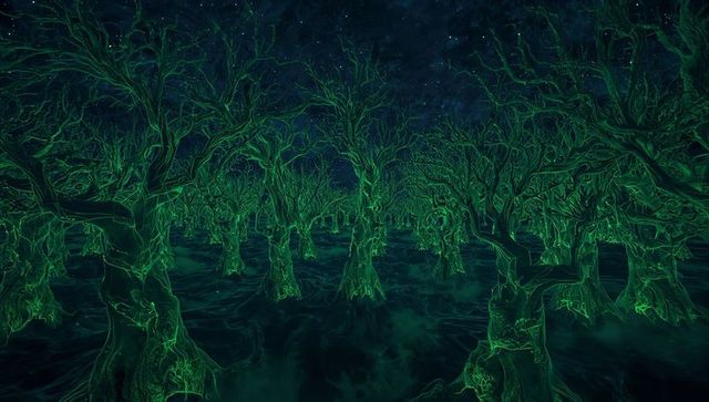 Neon Bioluminescent Grove of Glowing Gnarled Trees Under Star-Filled Night Sky