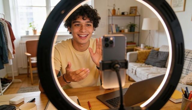 Young creator recording vlog from home desk using ring light, smartphone and laptop