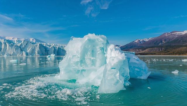 Floating sculpted iceberg dominating turquoise glacial lake, distant glacier terminus