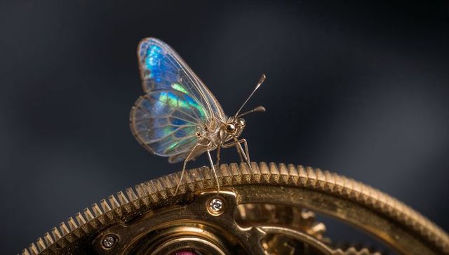 Iridescent butterfly perching on brass gear with translucent blue wings, macro closeup