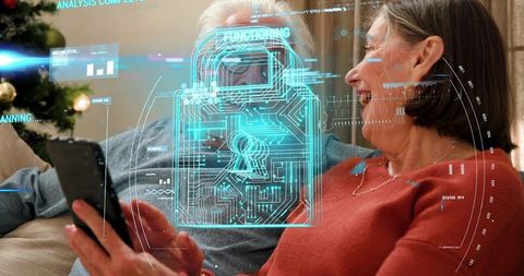 Senior couple using smartphone protecting online privacy with holographic padlock at home