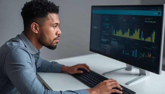 Focused data analyst reviewing real-time analytics at modern workspace