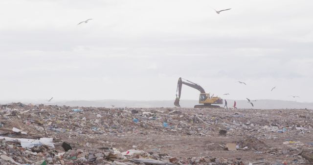 Excavator working amidst piles of trash at landfill while seagulls are flying overhead. Image depicts waste management efforts and environmental concerns. Ideal for topics on waste disposal, recycling, pollution control, and environmental impact.