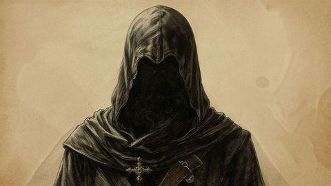 Mysterious hooded assassin figure in medieval robe with cross pendant