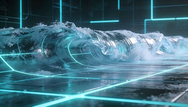 Neon cyber wave curling across glossy tiled floor with cyan grid and futuristic surge