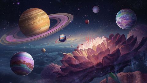 Surreal Lotus Bloom Amid Cosmic Planets and Starry Nebula