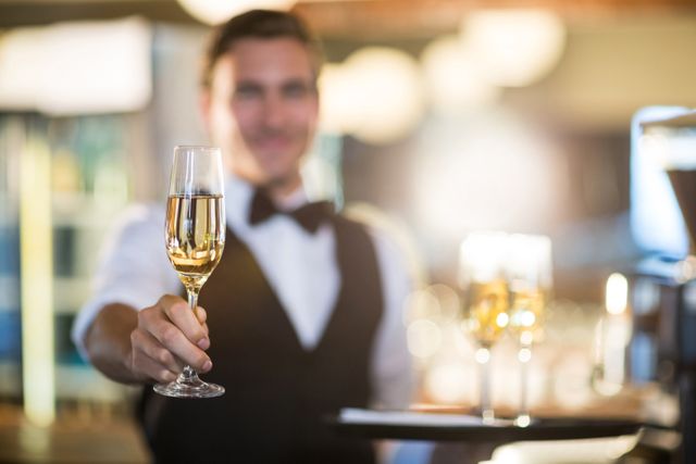 Waiter offering a glass of champagne in restaurant