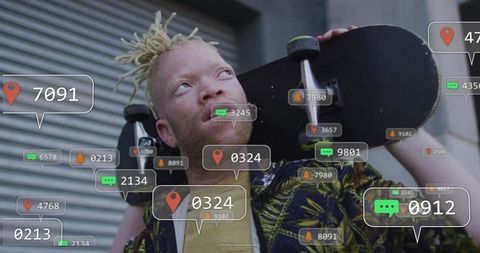Carrying skateboard with augmented reality location pins and chat overlays in urban scene