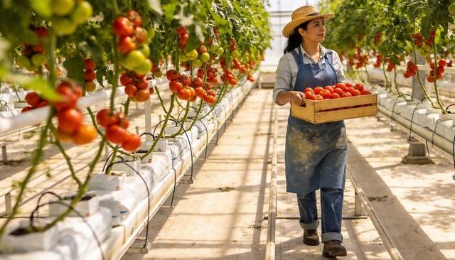 Walking female farmer carrying crate of ripe tomatoes in hydroponic greenhouse aisle