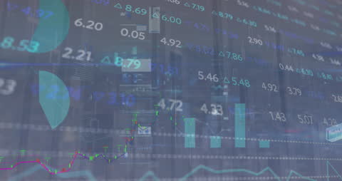 Animated Financial Data Overlays on Blue Space Illustration