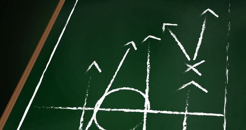 Chalk-drawn sports strategy on green field