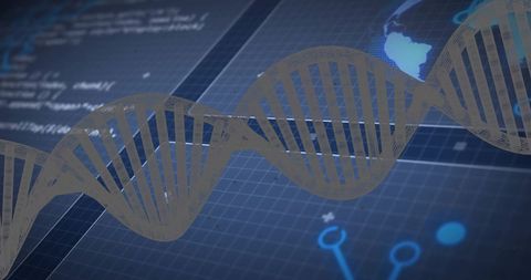 Dna strand over digital interface illustrating genetic technology