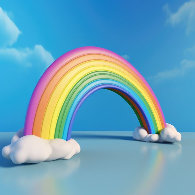 Colorful rainbow with white clouds on blue background created using generative ai technology. Rainbow and colours concept digitally generated image.