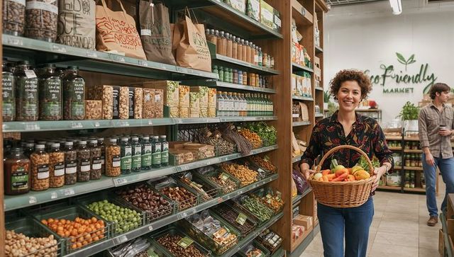 Smiling woman holding wicker basket shopping at eco-friendly market aisle with fresh produce