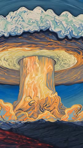 Vertical video erupting mushroom cloud rising over dark landscape with fiery billowing cap