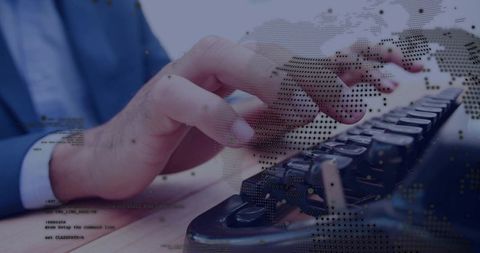 Hands typing on mechanical keyboard with cybersecurity overlay