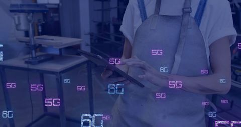 Woman in Apron Using Tablet with 5G and 6G Digital Overlays
