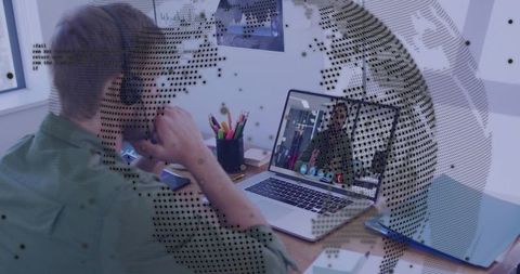 Man joining video call with child from home office, headset and digital globe network overlay