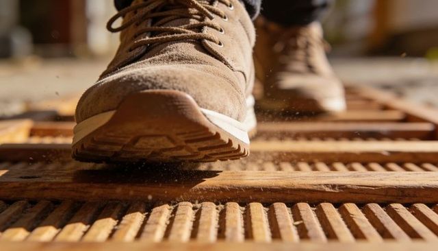 Stepping tan suede lace-up shoe kicking up dust on sunlit rustic wooden deck close-up