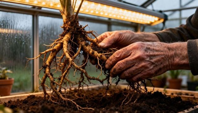 Senior gardener handling large root ball for repotting under led grow light in greenhouse