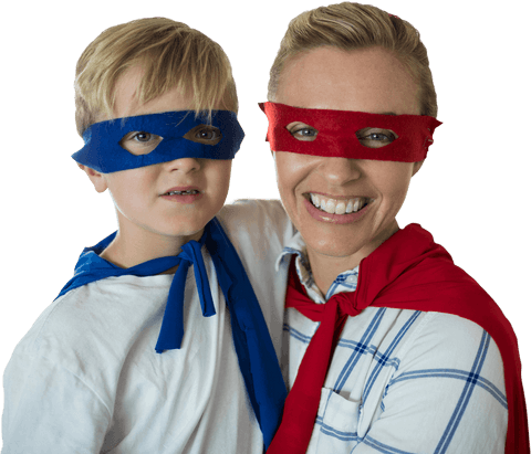 Transparent Superhero Mom and Son Smiling in Costumes