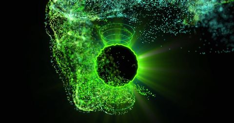 Dynamic cosmic glowing green shapes over black background