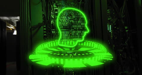 Binary Code Hologram of Human Head in Server Room Illustrating Cybersecurity