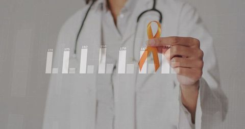 Hispanic Doctor Holding Orange Awareness Ribbon with Analytics Overlay