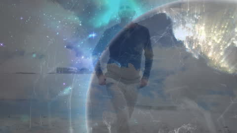 Man Exploring Beach Amidst Digital Globe and Stars