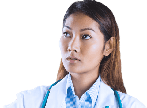 Focused Asian Female Doctor in White Coat Transparent Background