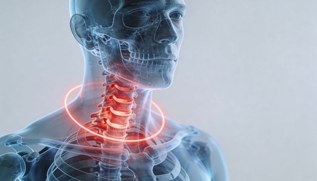 Transparent torso showing inflamed cervical spine with neon ring highlighting vertebrae