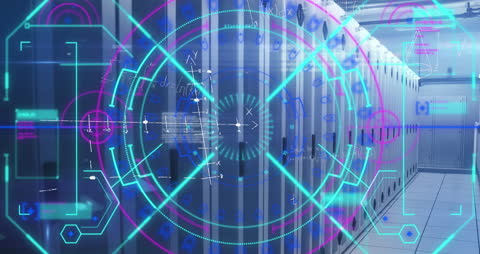 Futuristic Data Center with Neon Digital Grid Overlay
