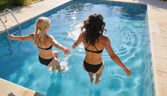 Two women jumping into sunlit backyard pool wearing black bikinis splashing water