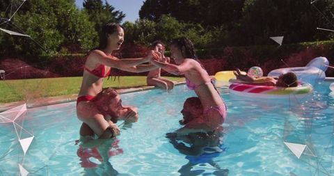 Friends Enjoying Chicken Fight Summer Fun in Backyard Pool