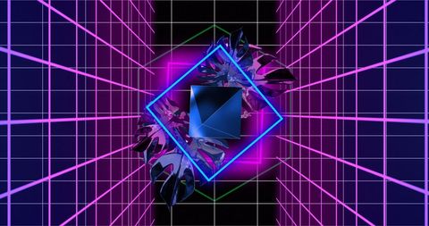 Futuristic neon geometric shapes with digital tunnel effect