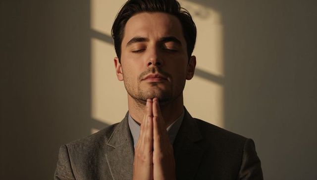 Businessman meditating with palms pressed under chin, sunlit window shadows, serene focus
