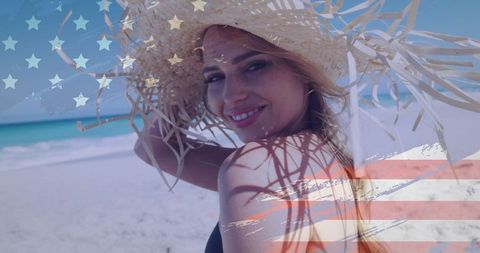 Woman Smiling on Beach with Straw Hat and Americana Vibes