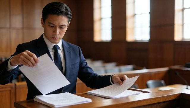 Asian lawyer organizing legal documents at courtroom lectern with microphone, wood-paneled