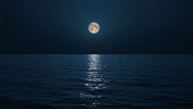 Full moon casting silver reflection across calm ocean nightscape with distant stars