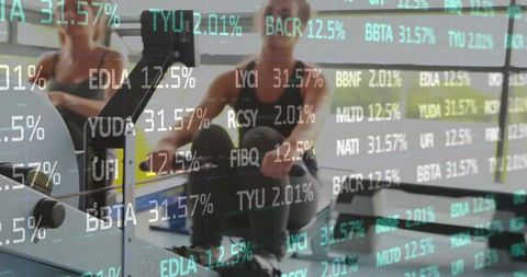 Women rowing on rowers in sunlit gym with green ticker overlay merging fitness and finance