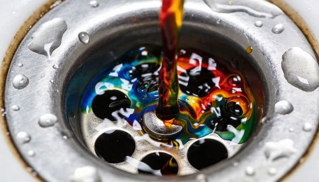 Swirling iridescent oil film on metal sink drain with amber liquid pouring in close-up