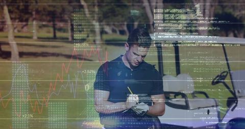 Golfer analyzing data on golf course with technology overlay