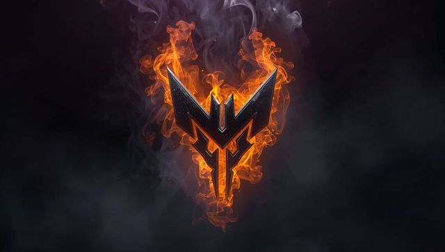 Futuristic Metallic Emblem with Fiery Flames and Smoke